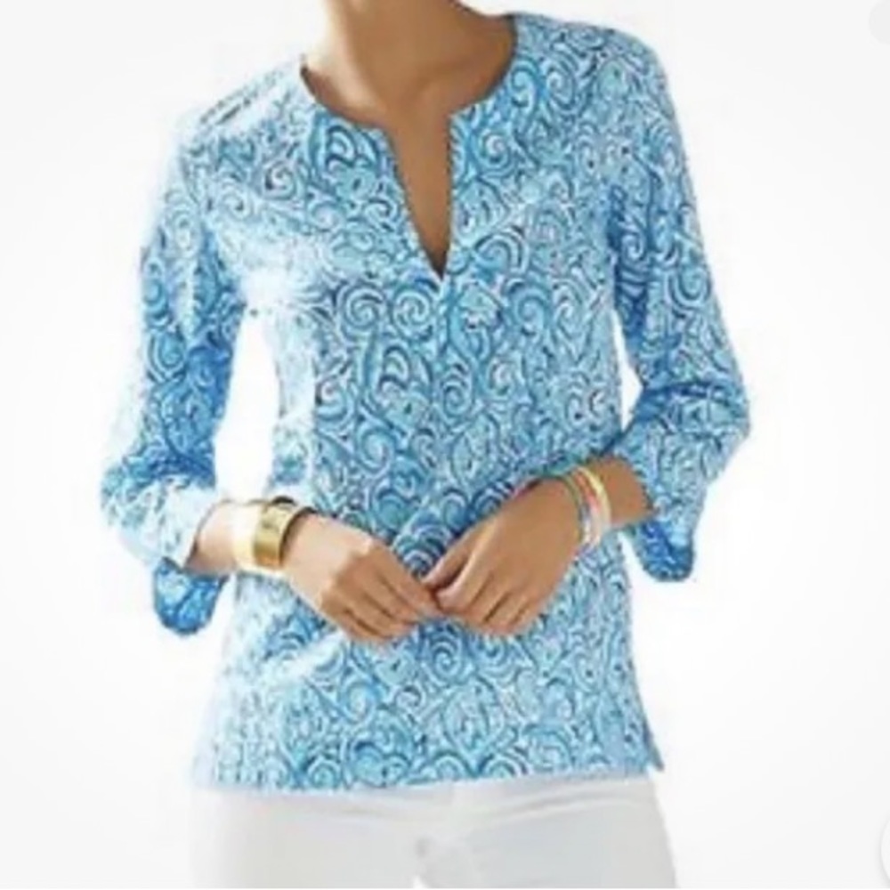 Lilly Pulitzer Amelia Island blue white chasing tail tunic top small